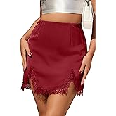 ALCEA ROSEA Women's Satin Mini Lace Trim Split Skirt Split Hem High Waist A-Line Short Bodycon Skirt 7806