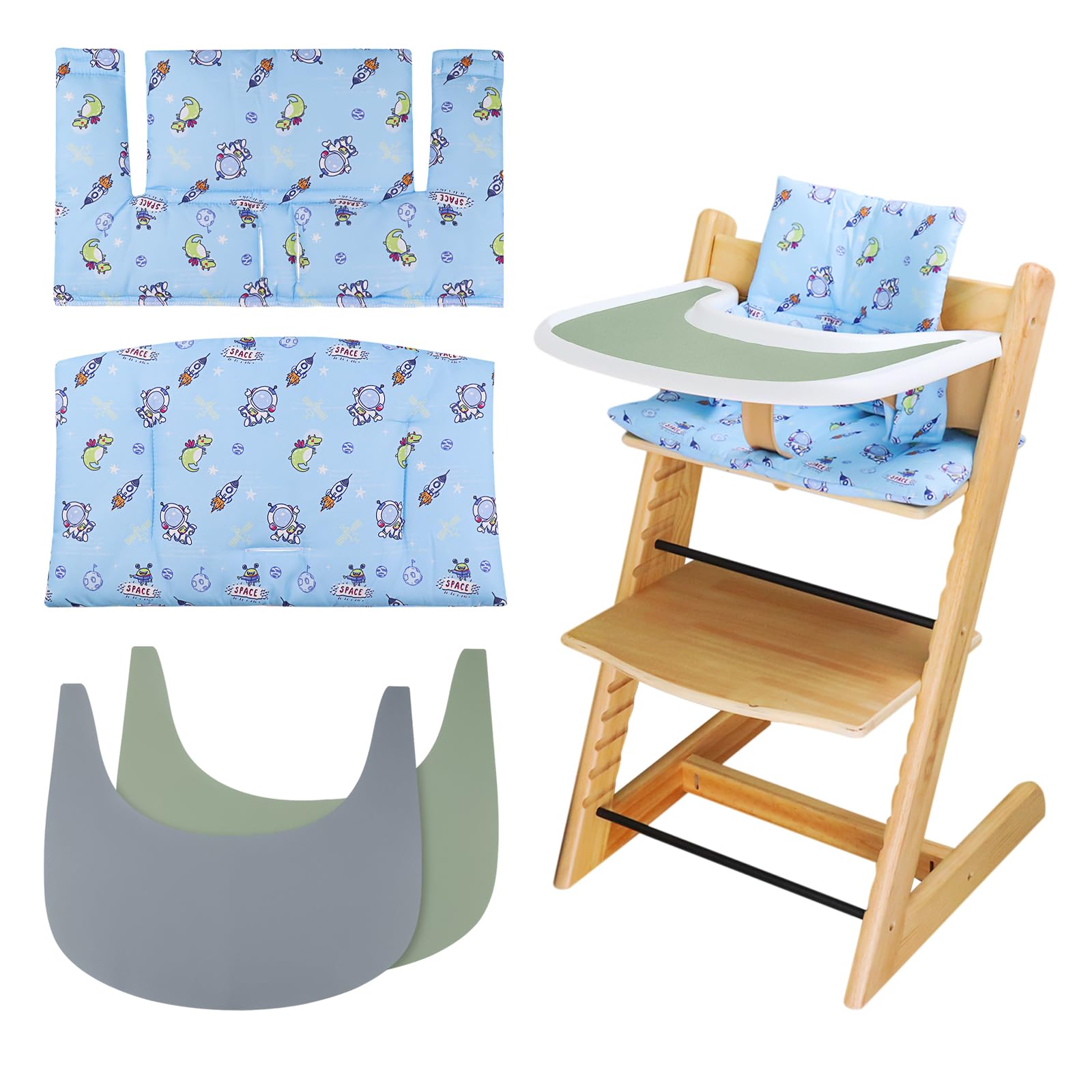 LLHQAMT High Chair Cushion, Soft and Comfortable Seat Cover with 2 High Chair Placemats, Tripp Trapp Baby Cushion for More Comfortable Sitting (Blue Space)
