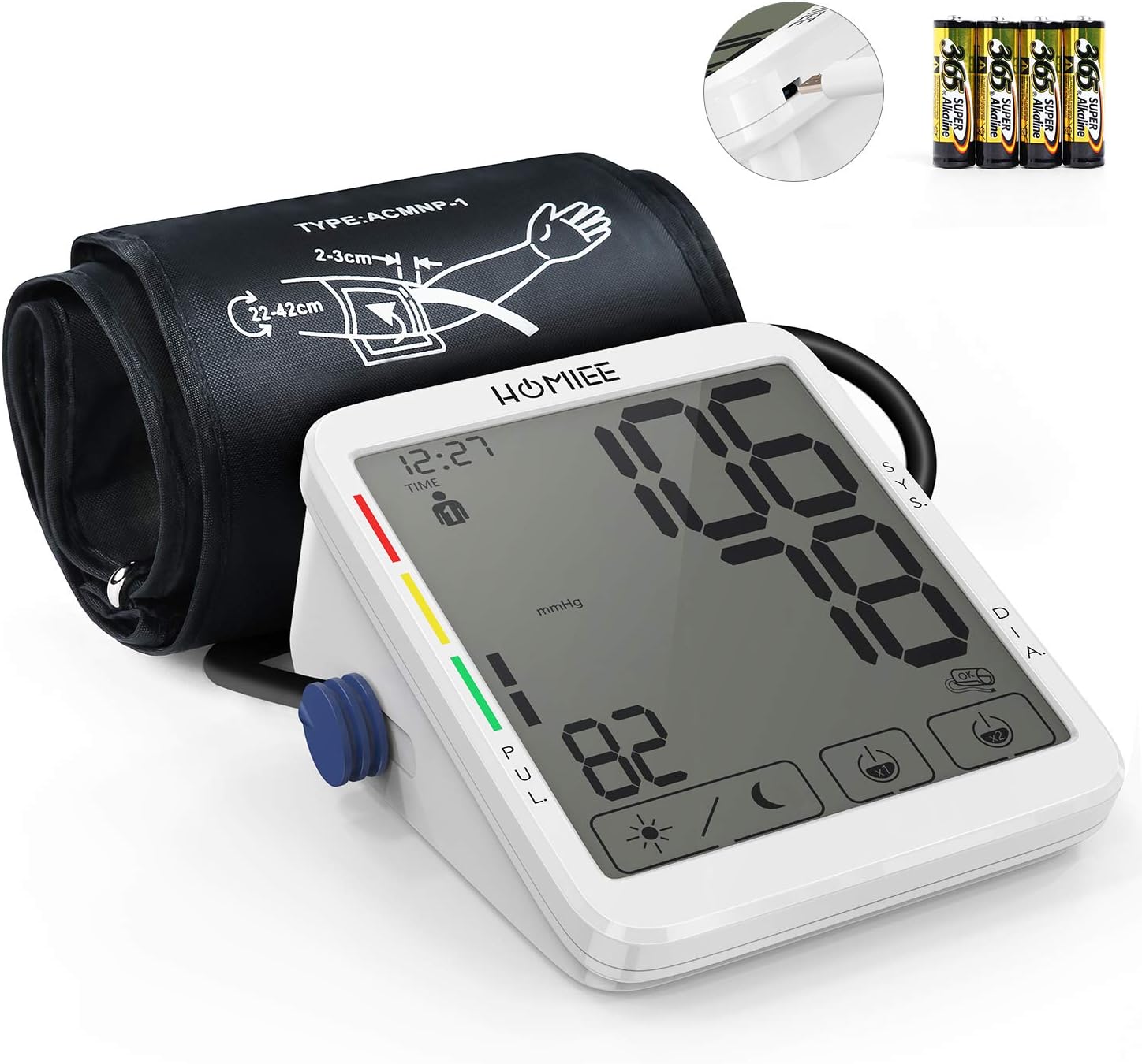 Blood Pressure Monitor, HOMIEE 5.5 inch Touch Screen Upper Arm BP Machine with AFIB Detection for Home Use, 8 Weeks Day & Night Record, 2 Users 240 Memories and Large Cuff, USB Charging or Batteries