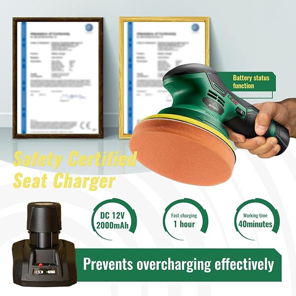 BATOCA S3 CORDLESS CAR BUFFER POLISHER – 2PCS 2.0AH 11.1V LITHIUM-ION RECHARGEABLE BATTERY POWERED BRUSHLESS POLISHER WITH 6 VARIABLE SPEED, DA ORBITAL BUFFER FOR CAR DETAILING, POLISHING, WAXING