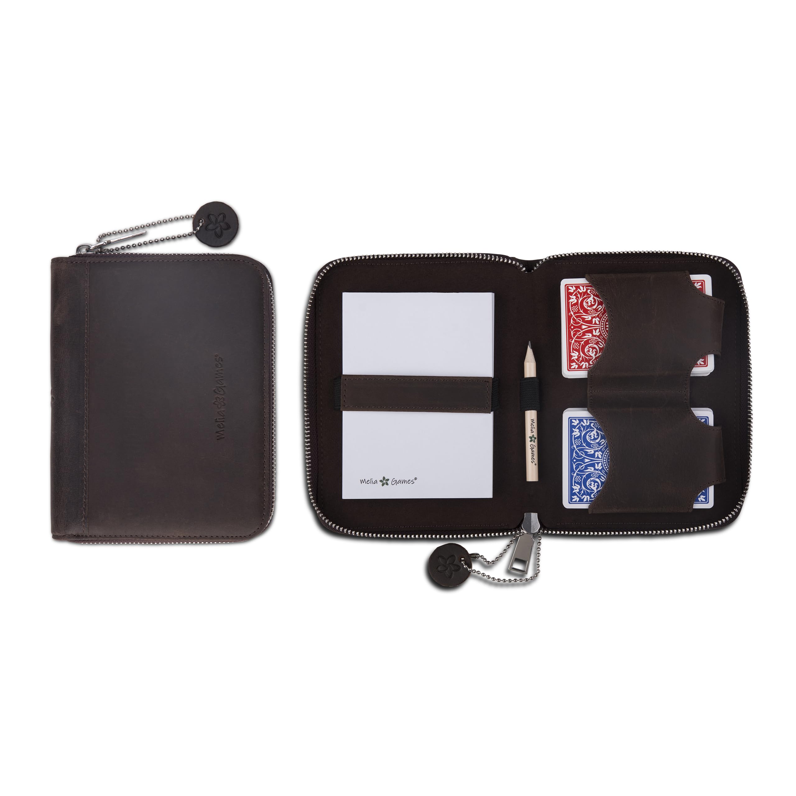 Melia Games Deluxe Playing Card Set - Exclusive Card Case Made of Finest Leather - Complete Set Including 2 Playing Card Decks, Notepad and Pencil (Vintage Edition (Crazy Dark Brown)
