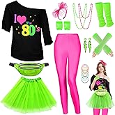 WlLDPARTY 80s Outfit Women Costume Accessories Set, T Shirt Leggings Tutu Skirt Fanny Pack Headband Fishnet Gloves Legwarmers