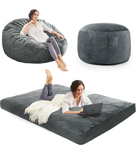 HABUTWAY 4-in-1 Bean Bag Chair – Giant Memory Foam Lounger, Convertible Sofa Bed (Checkboard-Black)