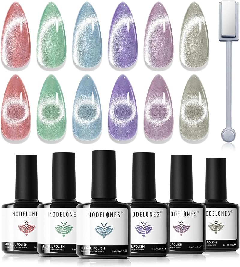 Modelones Cat Eye Gel Nail Polish Set 6 Colors Magnetic Glitter Pink Blue Purple