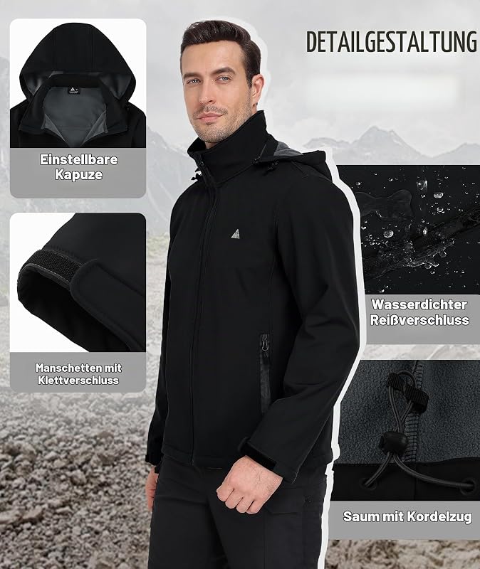 Softshelljacke Herren Wasserdichte Winddichte Atmungsaktive Funktionsjacke mit Kapuze Outdoor Softshell Jacke Herbst Winter Windbreaker für Wandern Fahrrad Camping Schwarz XL — Foto 4 von 6