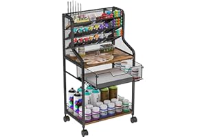 SIMPLE SERENITY Rolling Utility Cart with Drawer, Metal and Wood Craft Storage Cart with 3 Tiers & 18 Holes, Art Carts with Lockable Wheels, Easy to Move, Store Brushes & Paints & Artifacts, for Drawing Room, Office