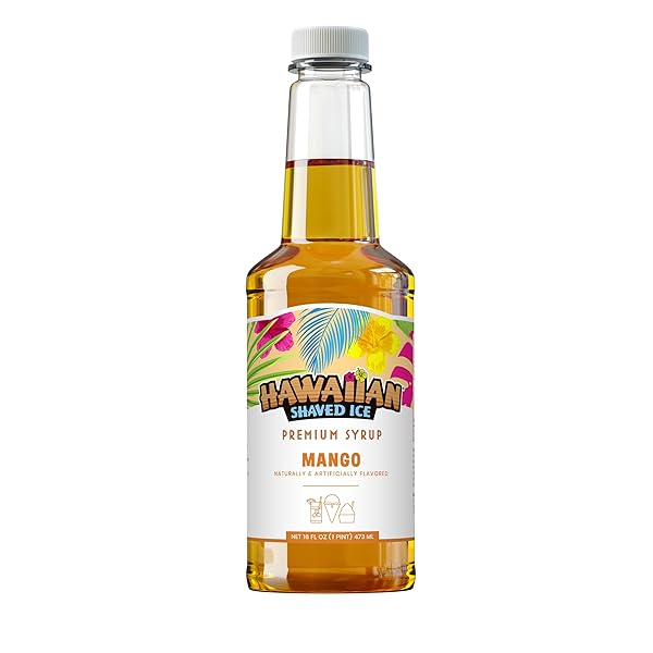 HAWAIIAN SHAVED ICE MANGO SYRUP – NUT SOY DAIRY FREE – FLAVOR FLUFFY & CRUNCHY SNOW CONES – SHELF STABLE – MAKES 8 SERVINGS – 16 OUNCES