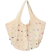 Iqimott Boho Crochet Beach Tote Bag for Women, Summer Knit Hobo Bag Shoulder Bag with Colored Beads, Casual Organizer Handbag