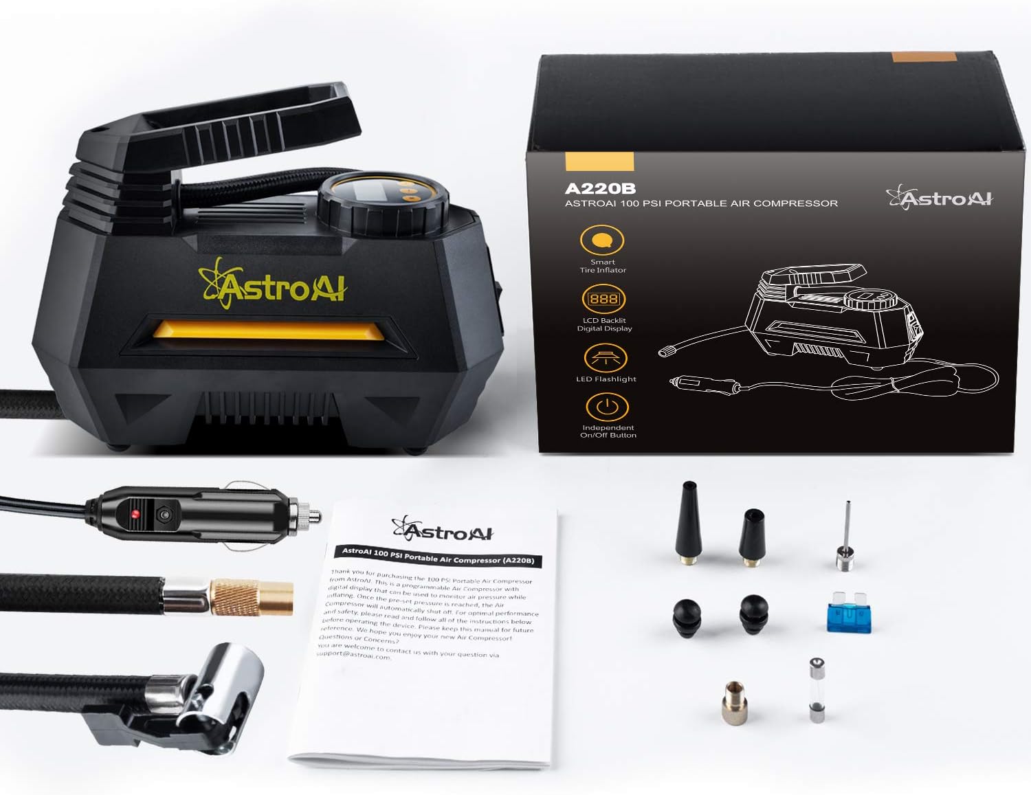 AstroAI Air Compressor Tire Inflator, Portable Air Pump for Car Tires 12V DC Auto Tire Pump with Digital Pressure Gauge, 100PSI with Emergency LED Light for Car, Bicycle and Other Inflatables: Automotive