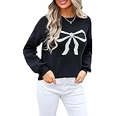 Women Cute Bow Sweater Y2k Long Sleeve Crew Neck Knit Sweaters Aesthetic Pullover Top