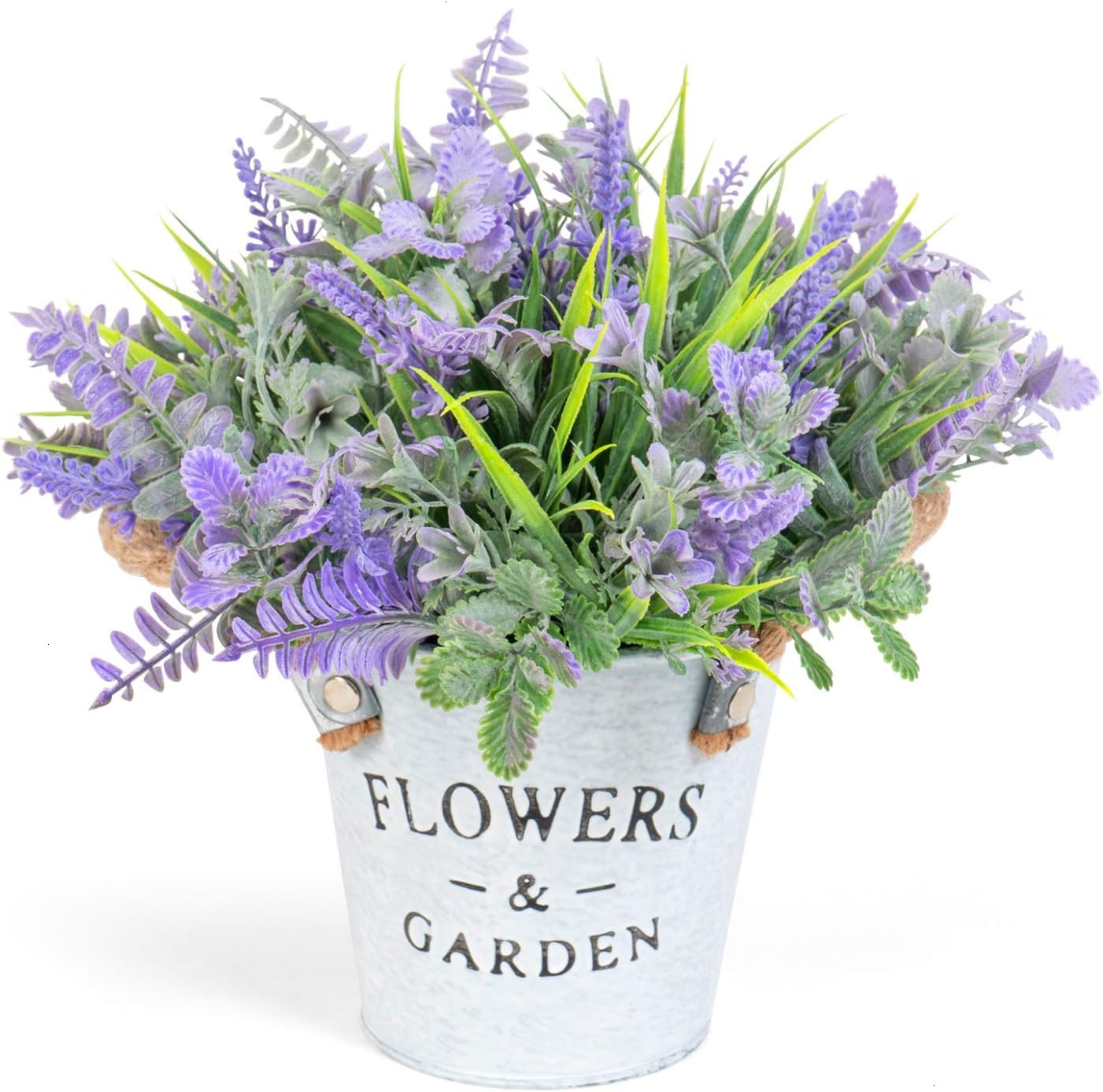 Timoo Fake Lavender Flowers Artificial Flowers for Decoration, Farmhouse Artificial Potted Plants Indoor Lavender Plant in Metal Vase, Potted Artificial Plants for Home Wedding Party Office Decor