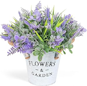 Timoo Fake Lavender Flowers Artificial Flowers for Decoration, Farmhouse Artificial Potted Plants Indoor Lavender Plant in Metal Vase, Potted Artificial Plants for Home Wedding Party Office Decor