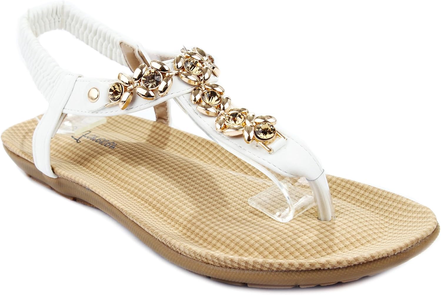 Amazon.com | Forever C-56 White Golden Flower Rhinestone T-Strap Comfort Cushioned Thong Sandals 
