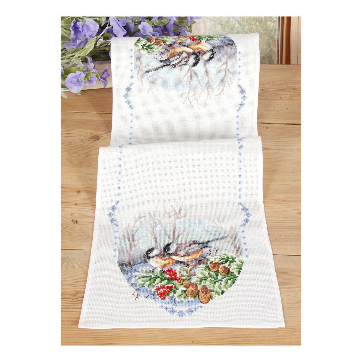 Vervaco Counted Cross Stitch Kit: Runner: Coal Tits, 100% Cotton, Multi-Colour, 32 x 2 x 84 cm