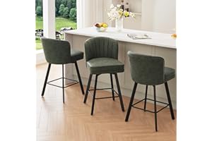 SAECKBERG Swivel Counter Height Bar Stools Set of 3, 26'' Modern Barstools with Backs and Metal Legs, Upholstered Bar Chairs, Faux Leather Green Stools for Kitchen Island Chairs