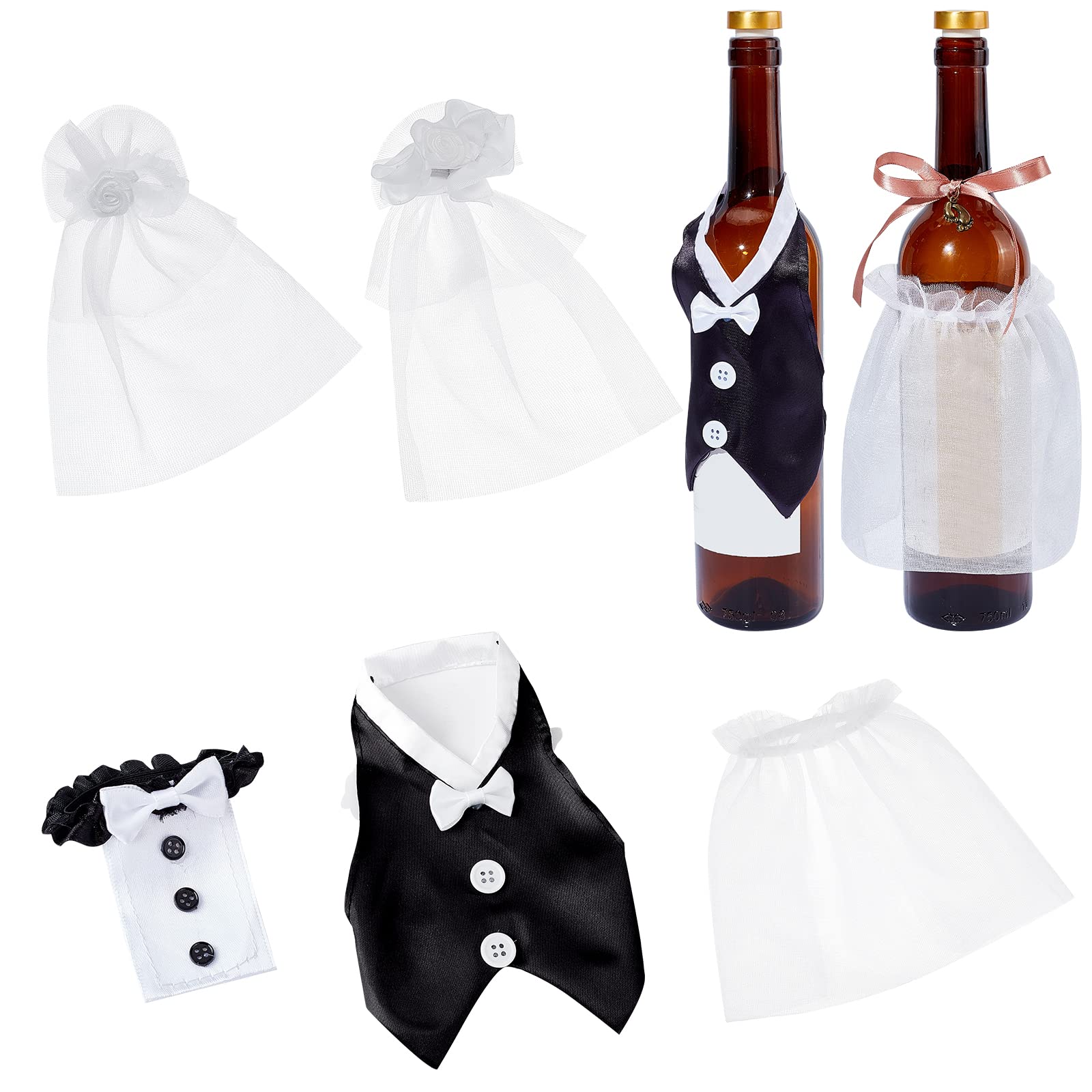 CHGCRAFT 2 Sets 2 Style Bride and Groom Wine Bottle Covers Wedding Dress Wine Bottle Decoration Wine Glasses Tosting Lace Cover for the Couple Wedding Bachelorette Engagement Party