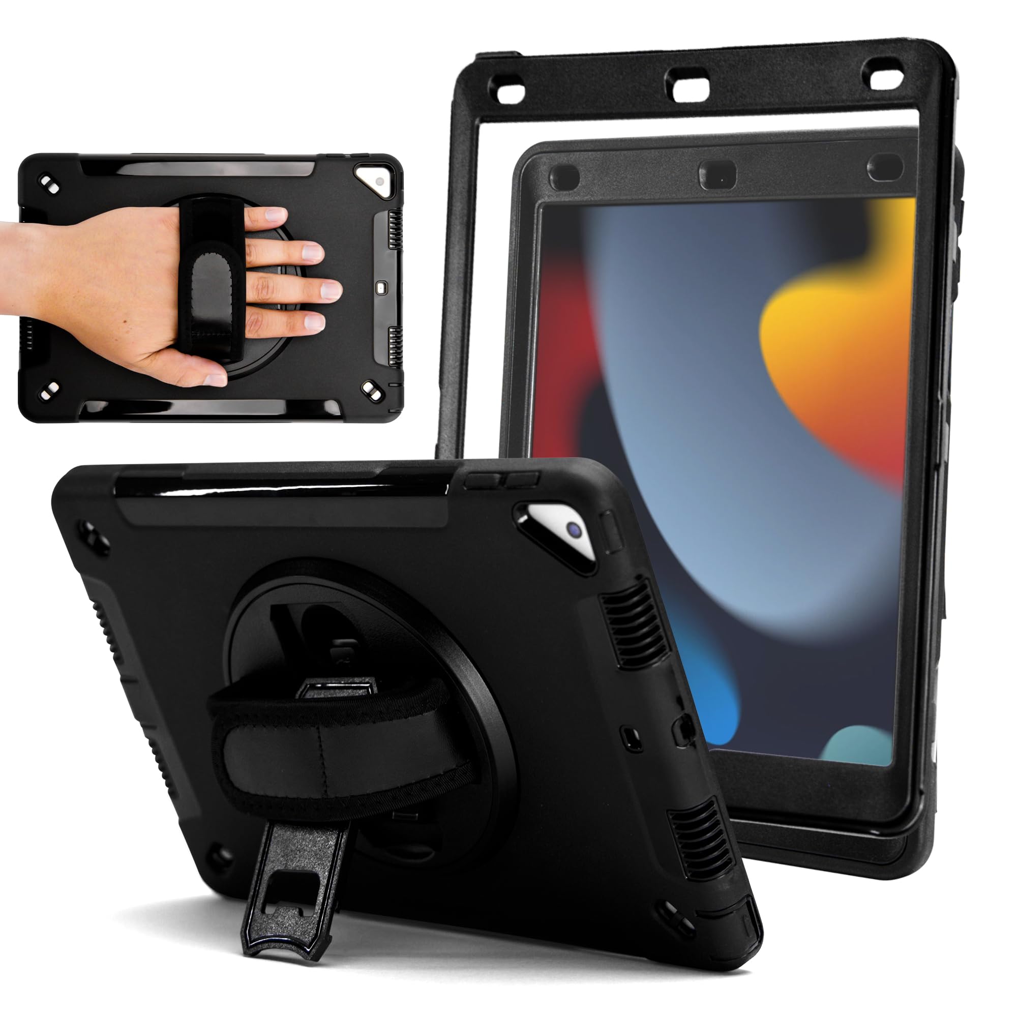 Photo 1 of ZAGG Rugged Tablet Case for iPad 10.2-inch (9th/8th/7th Gen) - Protective, 360° Rotating Hand Strap, Integrated Kickstand, Drop-Proof, Ideal for Business, Warehouse, and Field Use, Black