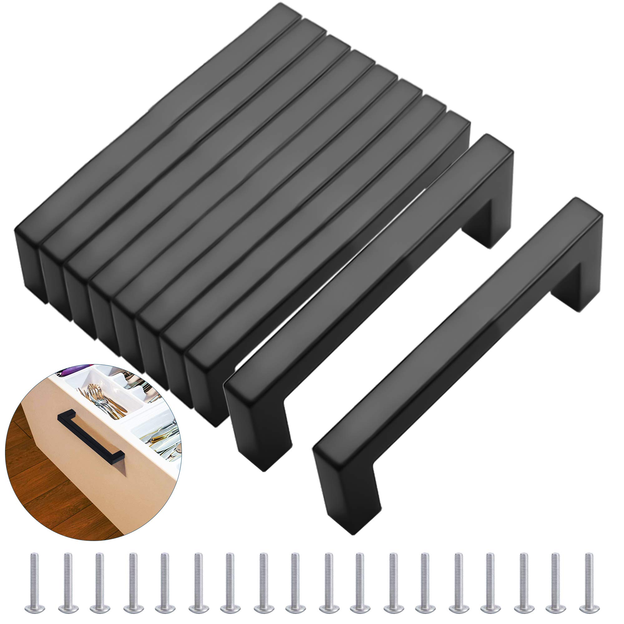 MEEQIAO 10PCS Matt Black Door Handles, with 20 Screws, Stainless Steel, Morden Square Furniture Handles, for Kitchens, Office, Drawers, Cabinet, Cupboard, Wardrobe (10,128MM)