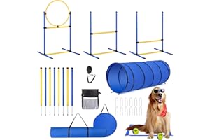 JRUICFDY Dog Agility Course Backyard Set，Dog Agility Equipment, Dog Obstacle Course Backyard With 2-Set Agility Hurdle ，Jump Ring, 8 Weave Poles, Tunnel, Pause Box, Toy Balls And 2 Portable Carrying Bags