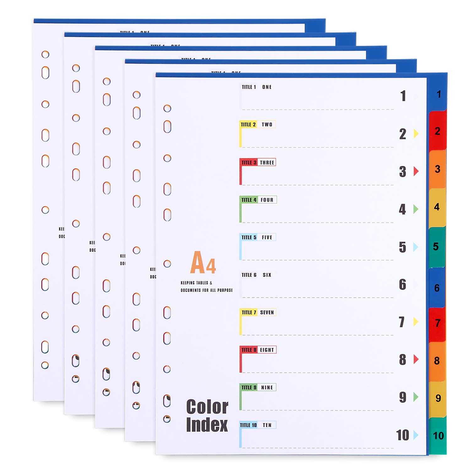 A4 Plastic File Dividers 10 Part Number 1-10 Tabs (5 Pack) Multi-Colour Index Tabs A4 Subject Dividers Reinforced 11-Holes for Office Home