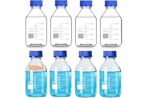 Media Storage Bottles, 8 Pieces 500ml Round Lab Bottles with Blue GL45 Screw Cap Lids, Graduated Borosilicate Glass Bottle, S