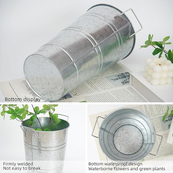 NOTAKIA 8 PCS 12 INCH LARGE GALVANIZED METAL VASES FARMHOUSE FRENCH FLOWER BUCKET VASES FOR CUT FLOWERS FOR HOME DECOR AND WEDDING TABLE CENTERPIECE DECORATIONS (LARGE SILVER)