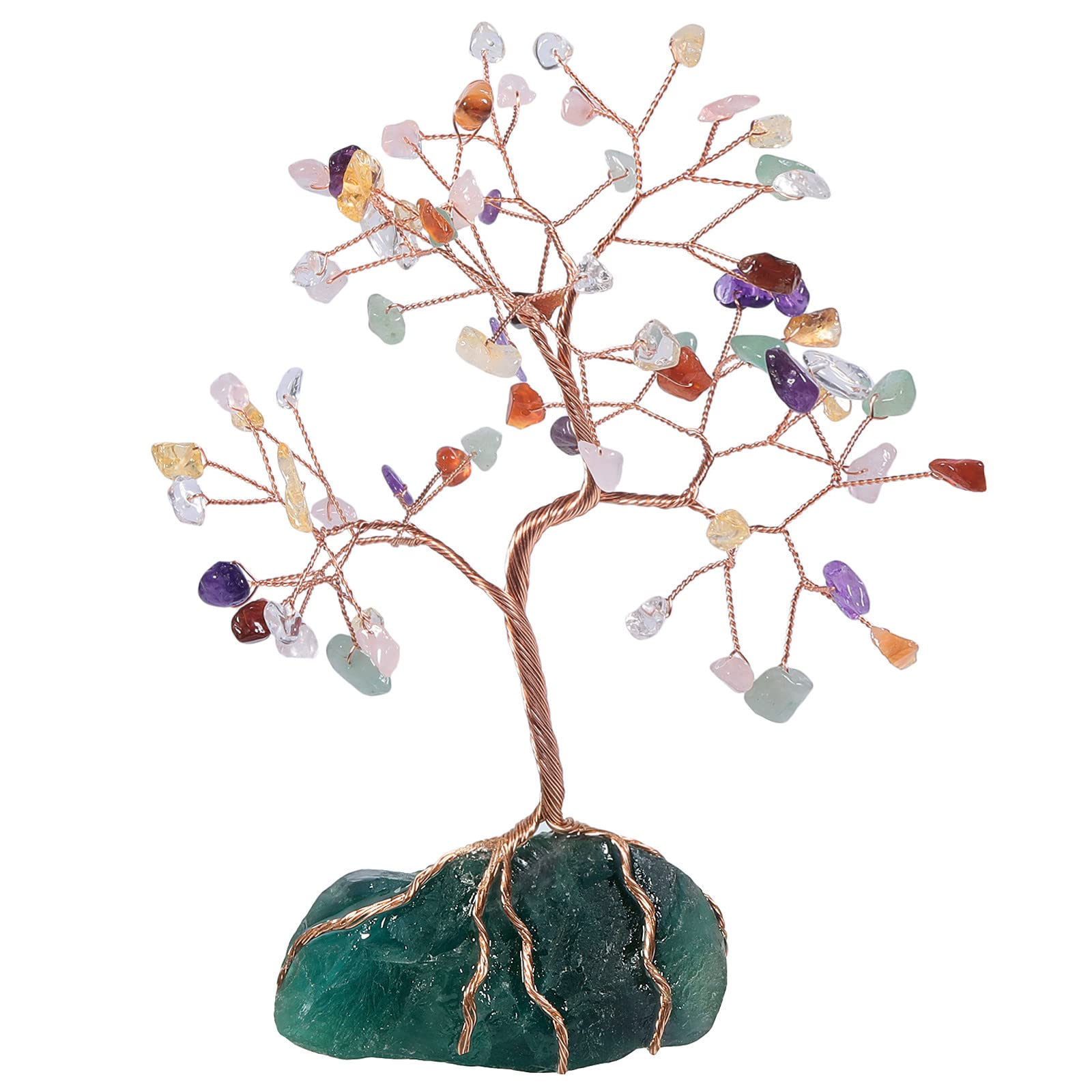 Nupuyai 7 Chakra Crystal Money Tree with Raw Fluorite Stone Base, Fengshui Crystals Figurine Healing Stone Spiritual Tree Ornament for Home Office Decor