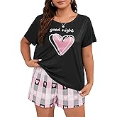 OYOANGLE Women's Plus Size 2 Piece Pajama Set Plaid Print Short Sleeve Tee Top and Shorts Set Sleepwear