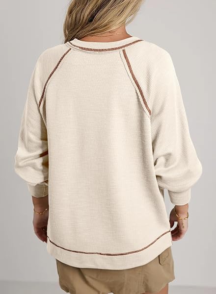 ACELITT WOMEN CASUAL FALL LONG LANTERN SLEEVE V NECK LIGHTWEIGHT LOOSE FASHION 2024 TSHIRTS BLOUSE TOPS SHIRTS PULLOVER BEIGE MEDIUM