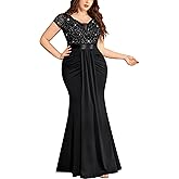 MISSMAY Women's Plus Size Double V Neck Sequin Lace Contrast Ruched Bodycon Mermaid Hem Formal Maxi Dress