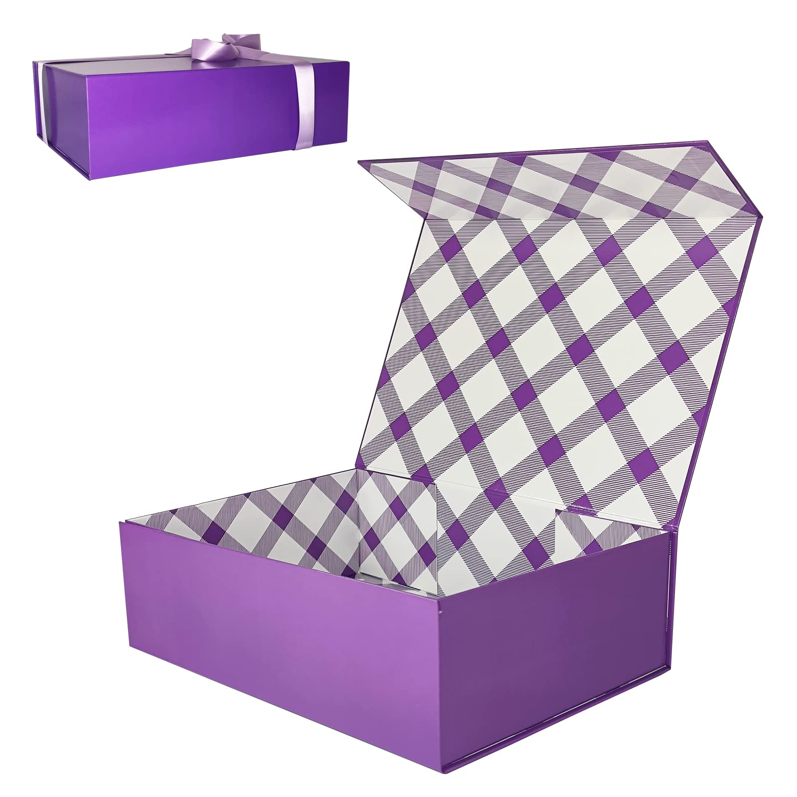Tekhoho Purple Large Gift Box 33x23.7x10 cm, Premium Present Box with Magnetic Lid and Ribbon for Holidays Wedding Birthday Gift Packaging, Plaid Lining
