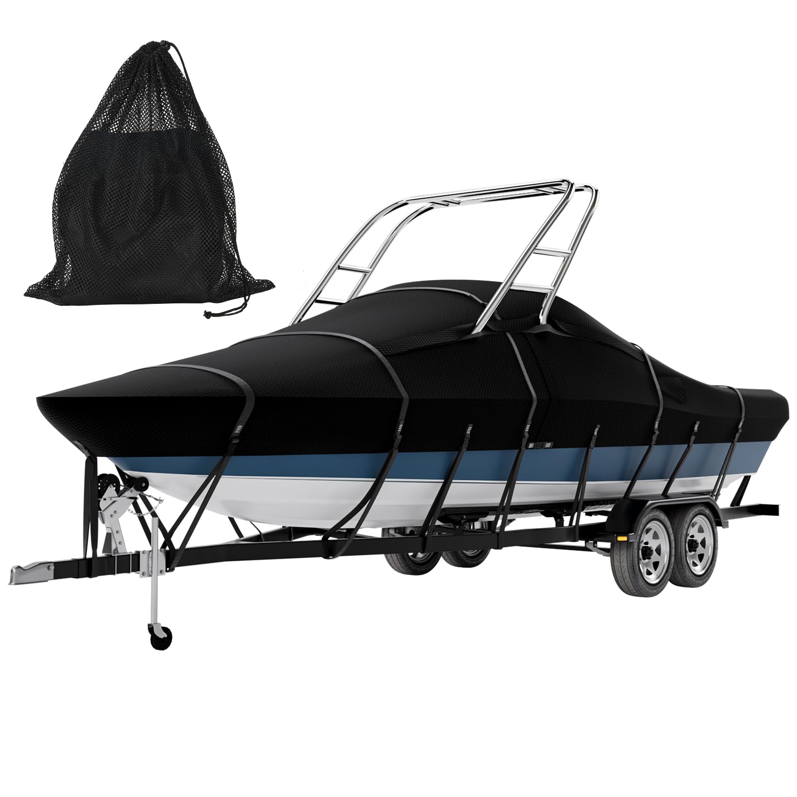 Photo 1 of Tuszom 900D Solution Dyed 100% Waterproof Ski & Wakeboard Tower Boat Cover with 11+6 PCS Windproof Straps Fit V-Hull Runabouts OutBoards and I/O (Black, 17'-19'L, Beam Width to 102" W)