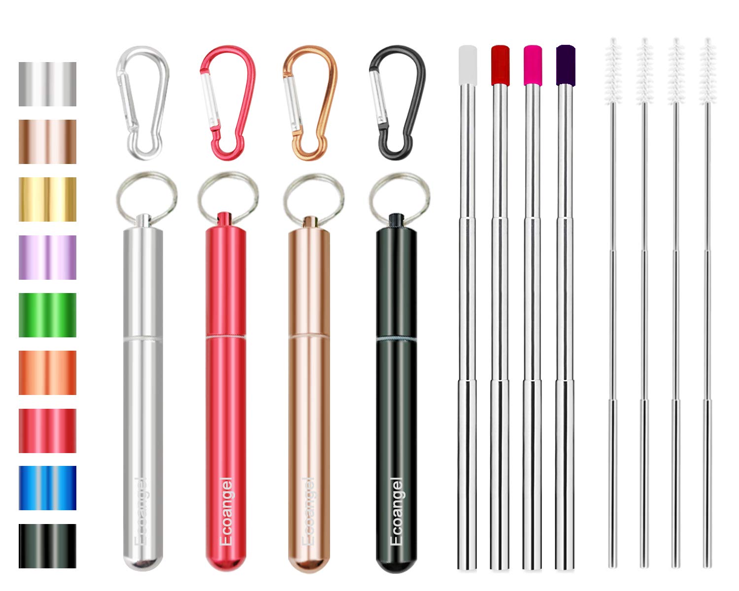 4 Pack Portable Reusable Metal Straw Collapsible Stainless Steel Drinking Straw Telescopic Straw to Drink Water Smoothie with Aluminum Key-chain Case & Cleaning Brush (Black&rose gold&silver&red)