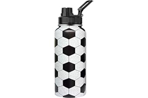 HAZLGET 32 Oz Soccer Sports Water Bottle, 18/8 Wall Vacuum Insulated Stainless Steel Tumbler with Straw Lid & Spout Lid, Leak Proof, BPA Free