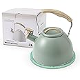 LONFFERY Tea Kettle for Stove Top, 3.2 Quart Whistling Tea Kettle, Food Grade Stainless Steel and Wood Pattern Folding Handle, Green
