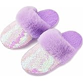 FYBW Girls Sequined Fluffy Slippers, Faux Fur Memory Foam, Non-Slip Indoor Cute House Shoes