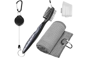 Anyongora Golf Towel and Club Brush Set, 16"x24" Microfiber Gray Pattern Towel, Dual-Sided Steel Wire Brush with Retractable 25" Cord and Keychain, Premium Golf Accessories (Gray Towel + Black Brush)