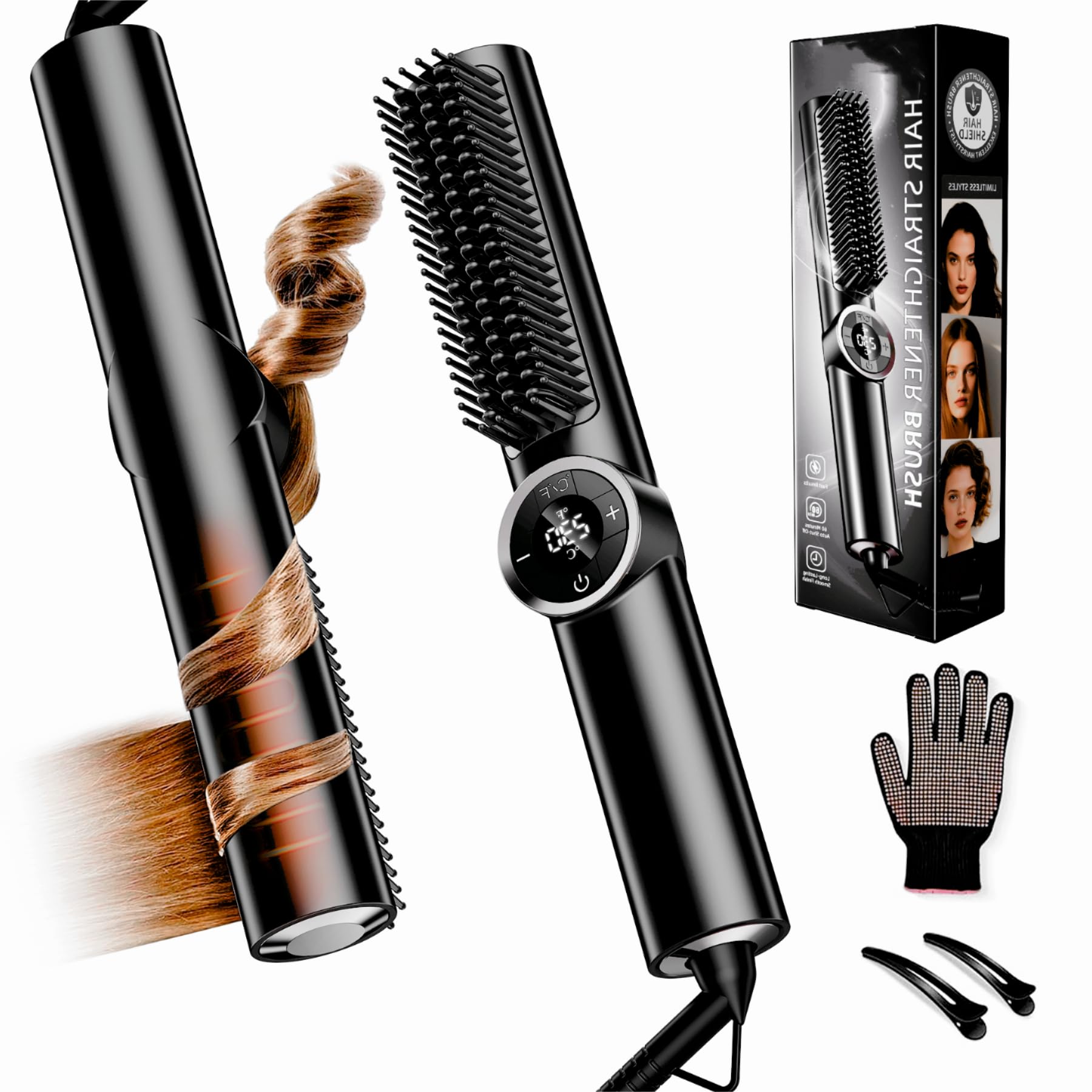 Photo 1 of JolinKoin Hair Straightener Brush: Ionic Hair Straighteners for Women with 15 Temps, Straightening Brush Fast Heating with LED Display & Dual Voltage, Dark Black