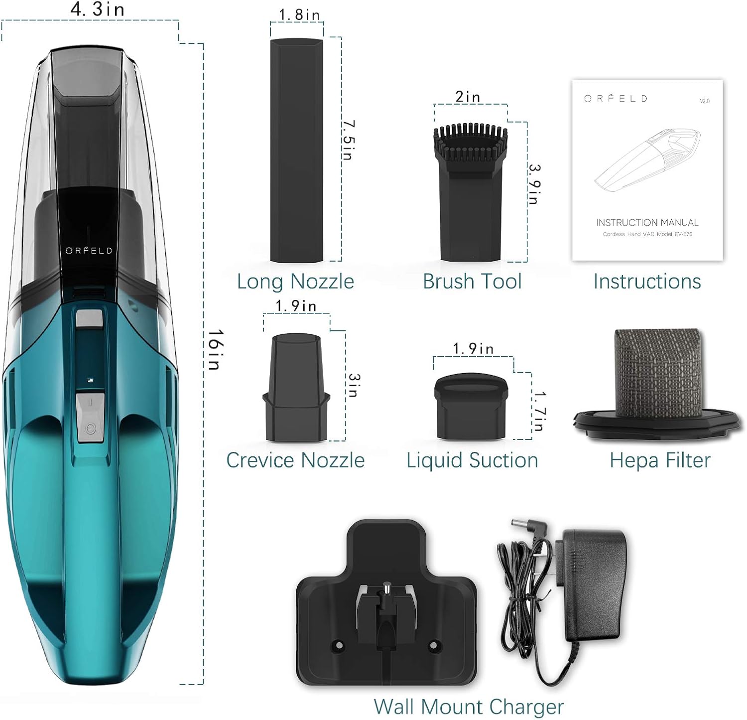 ORFELD Handheld Vacuum, 7500PA Hand Vacuum Cordless with Powerful Suction, Wet Dry Portable Handheld Vacuum Cleaner for Pet Hair, Home and Car Cleaning: Home & Kitchen