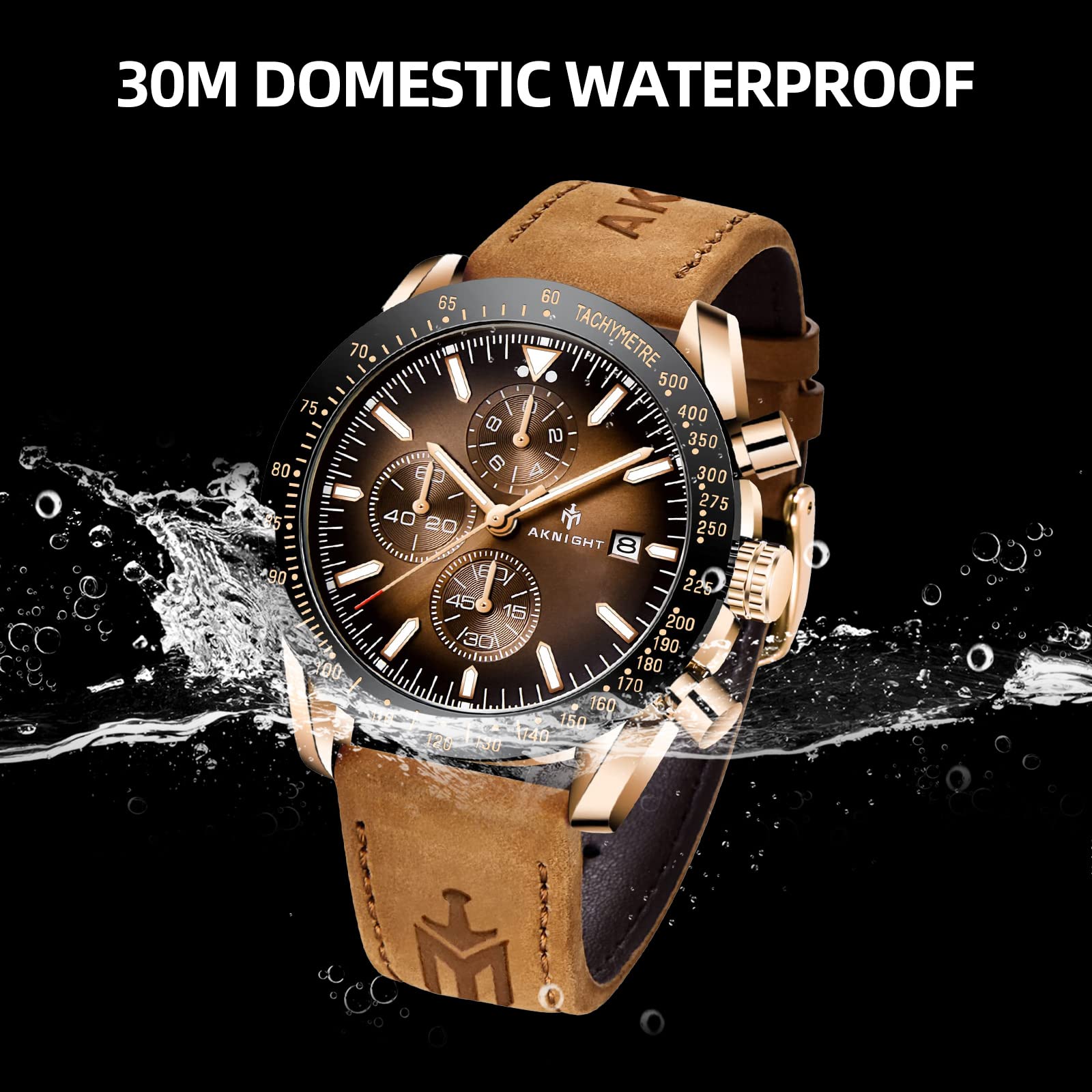 AKNIGHT Watch for Men Luxury Watches with Brown Leather Strap Timepiece Birthday Gift Wrist Watches, Luminous Sports Analog Quartz Movement Waterproof