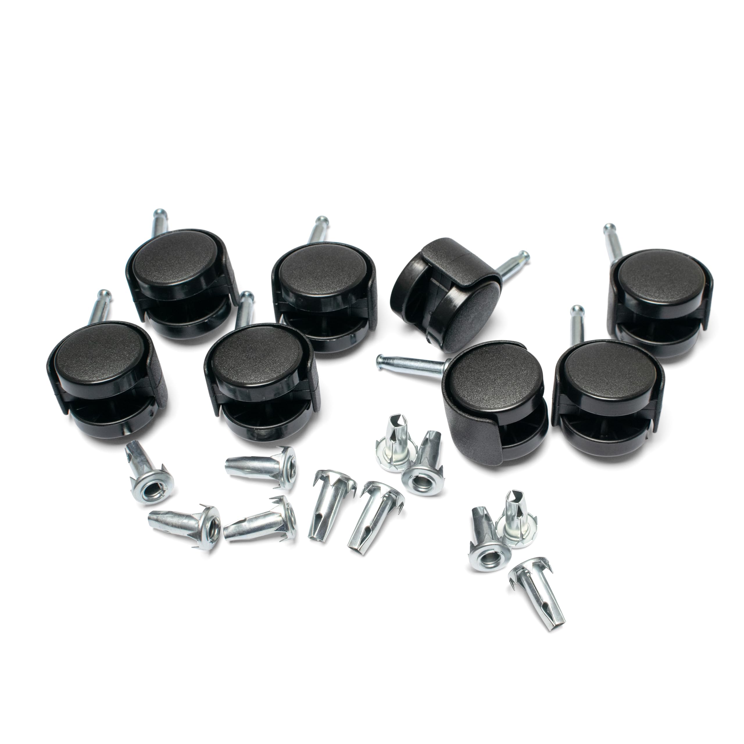 Premium Heavy Duty Swivel Castor Wheels with Sockets for Trolley, Furniture and Divan Beds - Durable Hard Plastic with Extra Sockets Included (Twin Wheel 8 Pack)