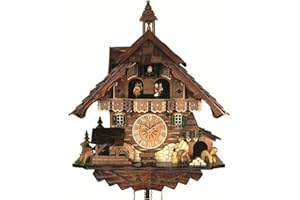 Engstler Quartz Cuckoo Clock Black Forest House with Moving Wood Chopper and Mill Wheel, with Music EN 483 QMT