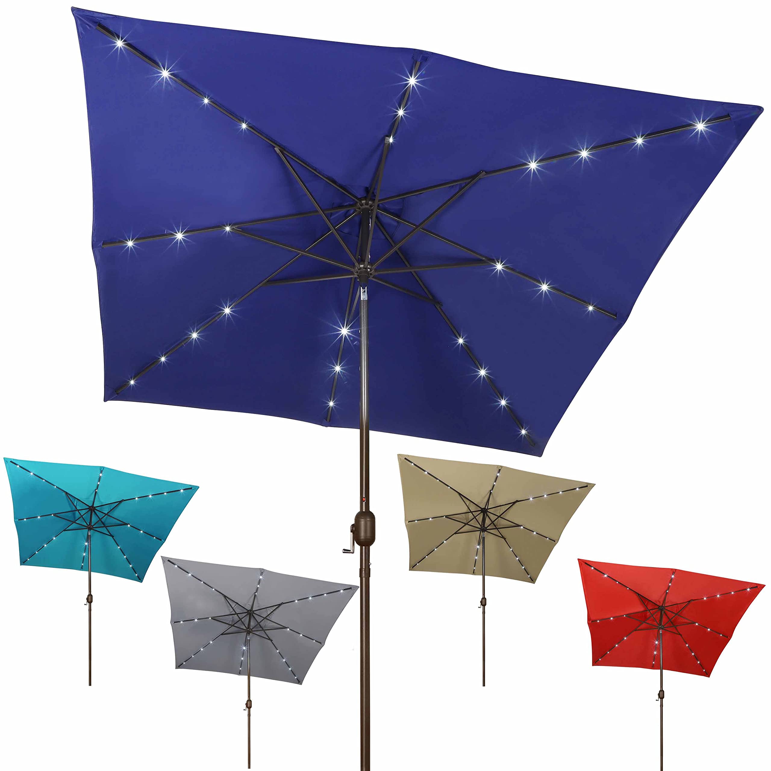 Photo 1 of Blissun Square Patio Umbrella with 28 LED Lights, Solar Umbrella Table Market Umbrella with Tilt and Crank Outdoor Umbrella for Garden, Deck, Backyard, Pool and Beach, Navy Blue