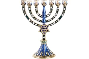 NIKKY HOME 7-Branch Hanukkah Menorah, Jewish Candle Menorah, Artistic Candles Holder Fits All Standard Chanukah Candles Antique Design for Spiritual, Religious & Home Decor - Blue