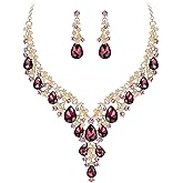 BriLove Women's Wedding Bridal Austrian Crystal Teardrop Flower Cluster Statement Necklace Dangle Earrings Jewelry Set for Party Prom