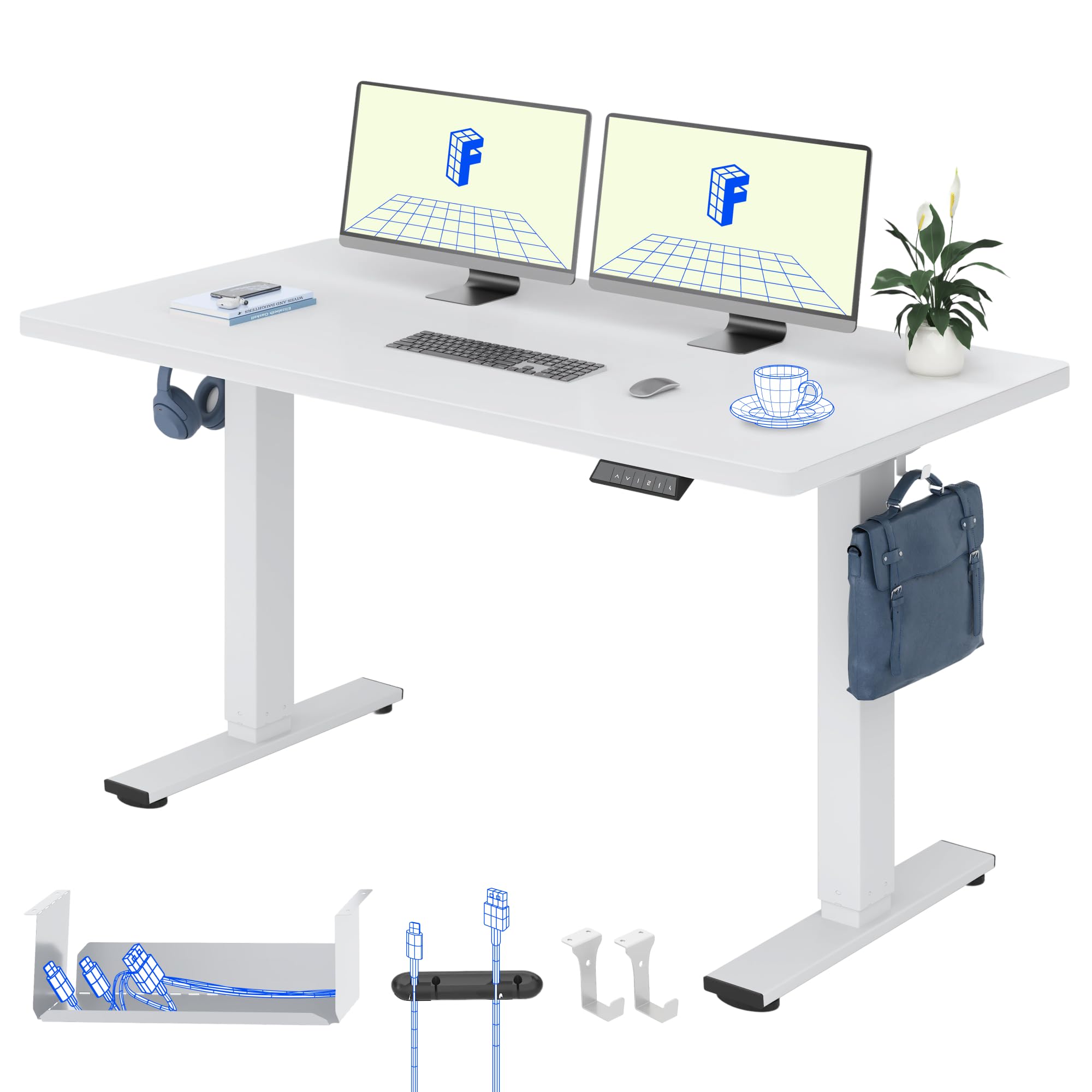 FLEXISPOT Höhenverstellbarer Schreibtisch 160×80cm, mit Haken und 25mm EINTEILIGER Tischplatte, ergonomischer Schreibtisch mit LED-Höhenanzeige und Memory-Funktion (Weiß, Weiß)