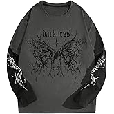RoseSeek Men's Gothic Punk Graphic Tees Grunge Long Sleeve Crew Neck Loose Fit 2 in 1 T Shirts Streetwear