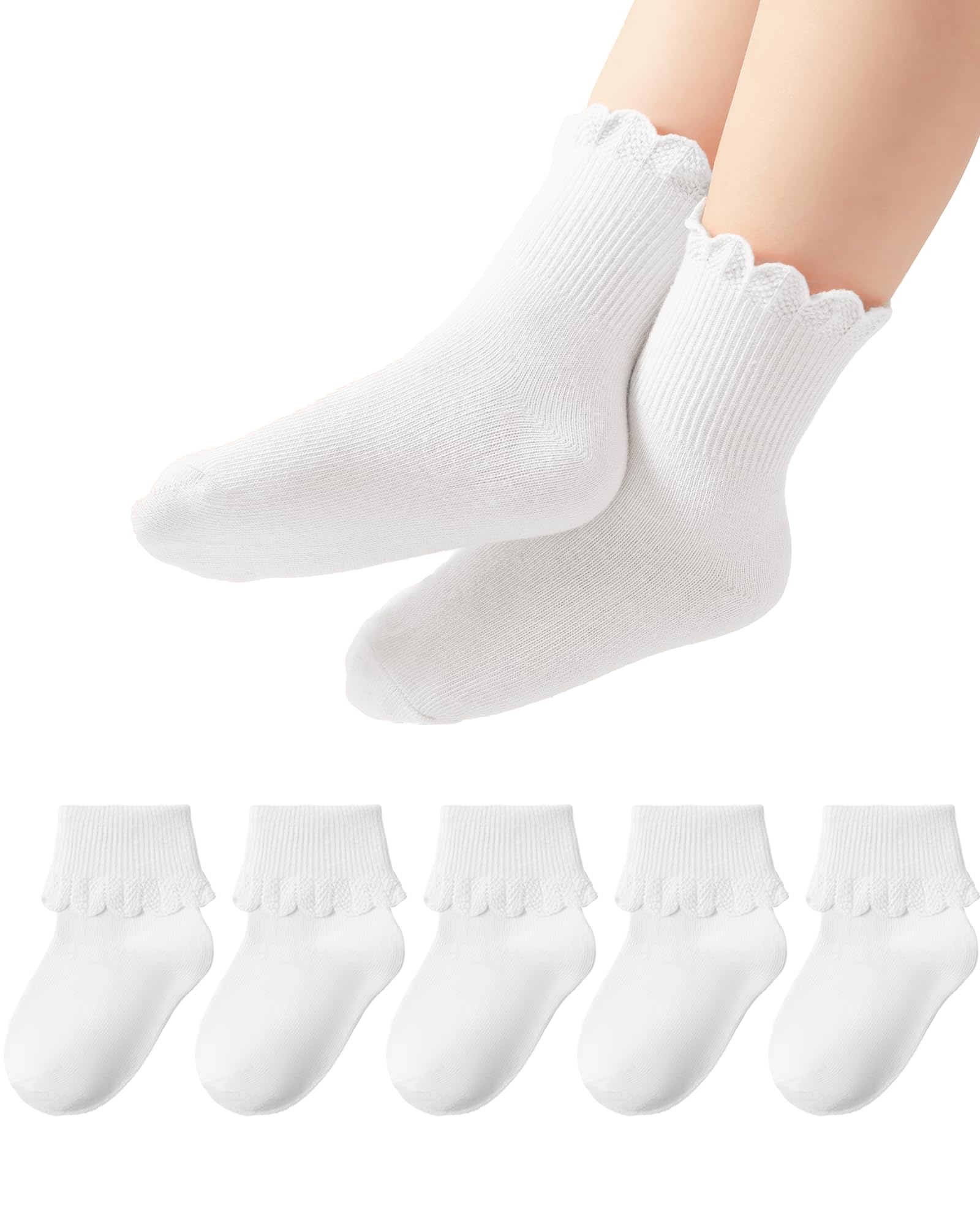 Photo 1 of Funjoon Toddler Girls Baby Ruffle Socks Cute Cotton White Turn Cuff Frilly Dress Little Girls Socks 12M-6Y, white 4-6Y