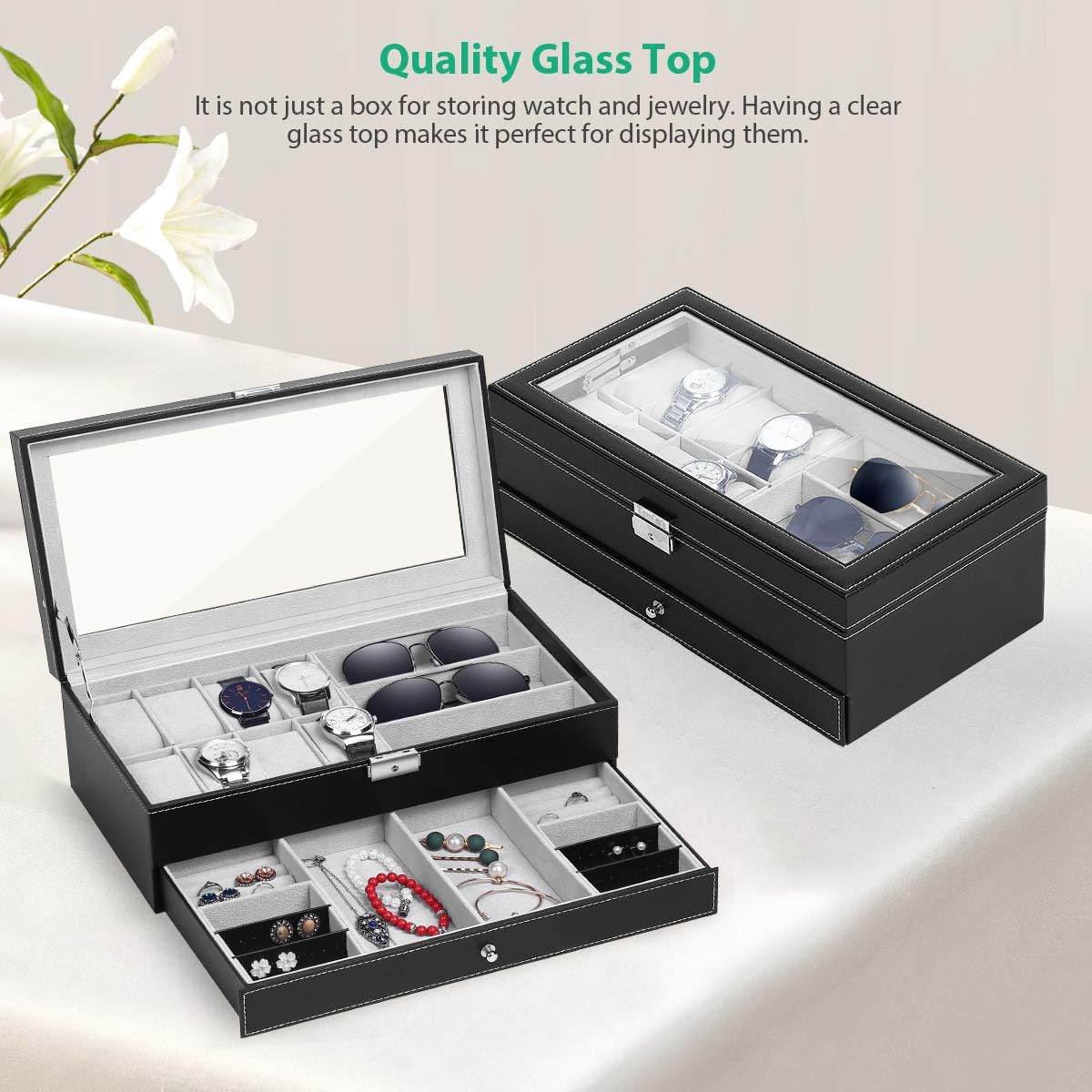 TomCare Upgraded Watch Box Watch Case Jewelry Organizer Holder Jewelry Display Box Case Drawer Sunglasses Storage Earrings Storage Organizer Lockable with Glass Top and PU Leather for Men Women, Black: Home & Kitchen