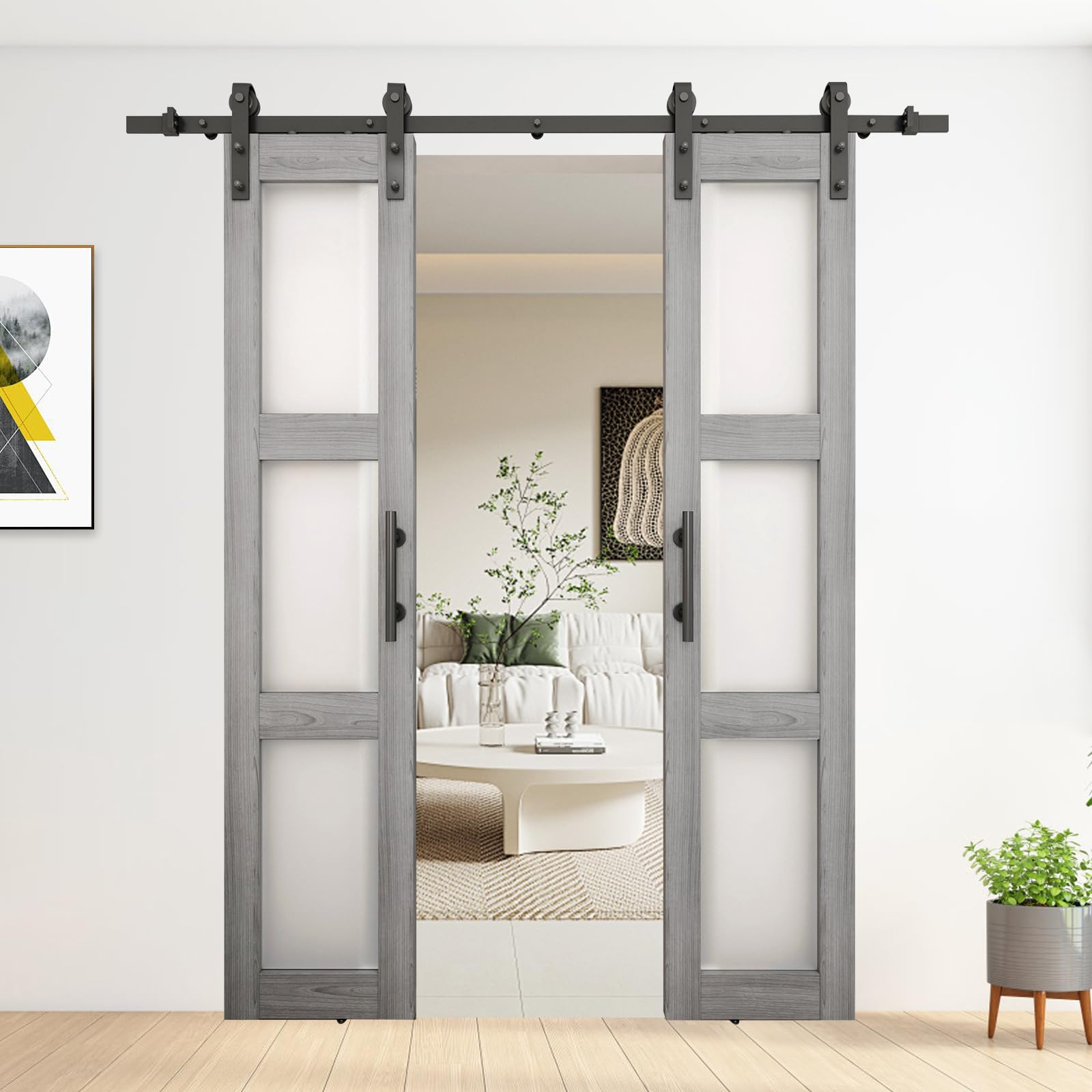 Photo 1 of BARNSMITH 18in x 84in Double Glass Barn Door with 6.6FT Sliding Door Hardware Kit Included & Handle,3-Panel Frosted Glass Solid Wood Slab with Water-Proof PVC Surface,Pre-Drilled Easy Assembly,Grey